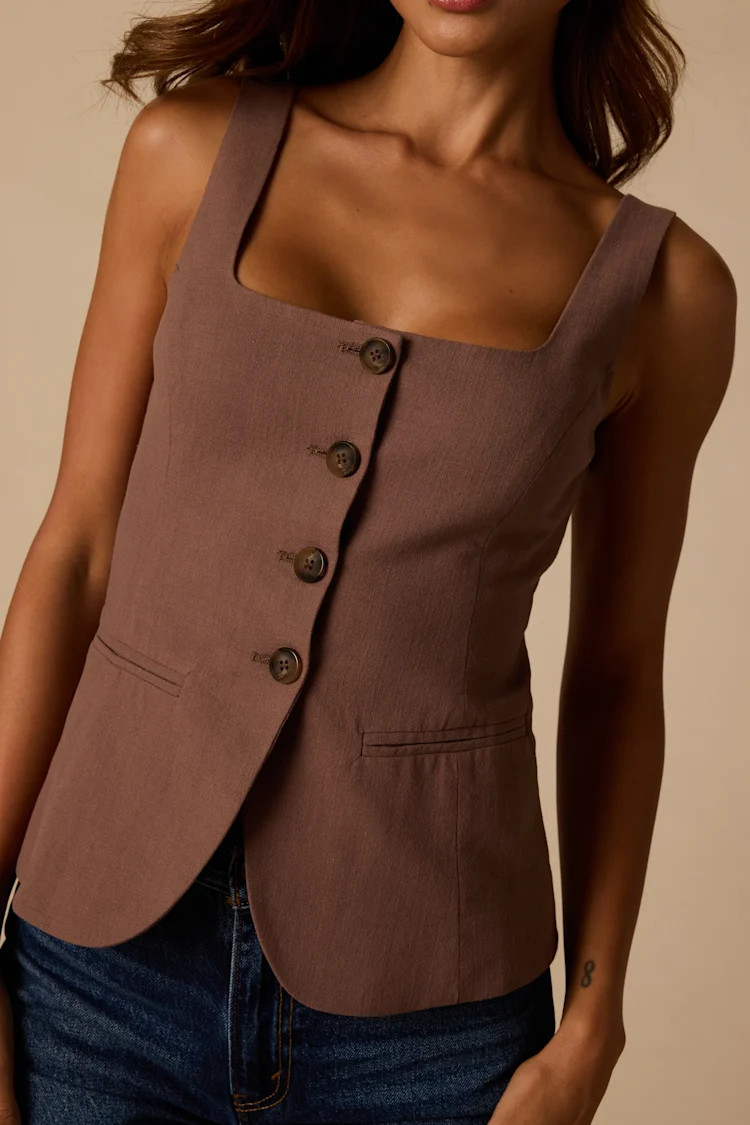 Poised Impulse Light Brown Sleeveless Button-Front Vest Top | Lulus