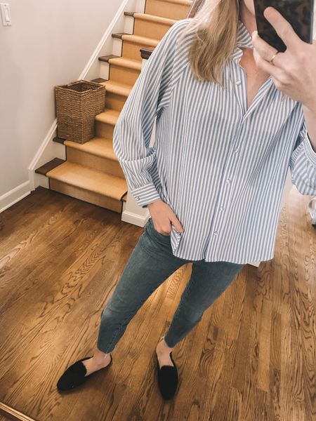 The wrinkle-resistant striped shirt I wear so often! It’s definitely a flowy top, but in the best way. If in between sizes, size down — SUCH a classic 