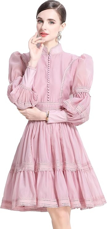 LAI MENG FIVE CATS Women's Puff Sleeves High Collar Hollow Mesh Pleat Layered Hem Solid Color Min... | Amazon (US)