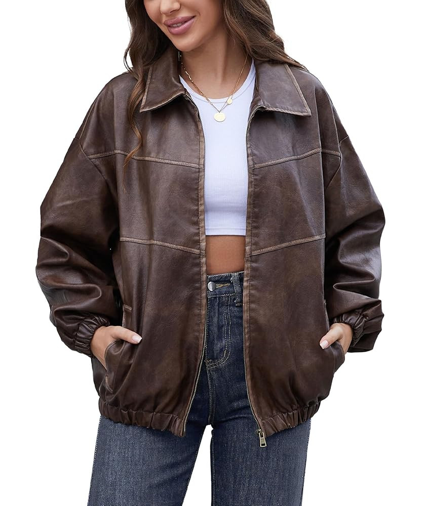 Womens Oversized Y2K Faux Leather Jackets Vintage Plus Size Fashion Motorcycle Coats Fall Fashion... | Amazon (US)