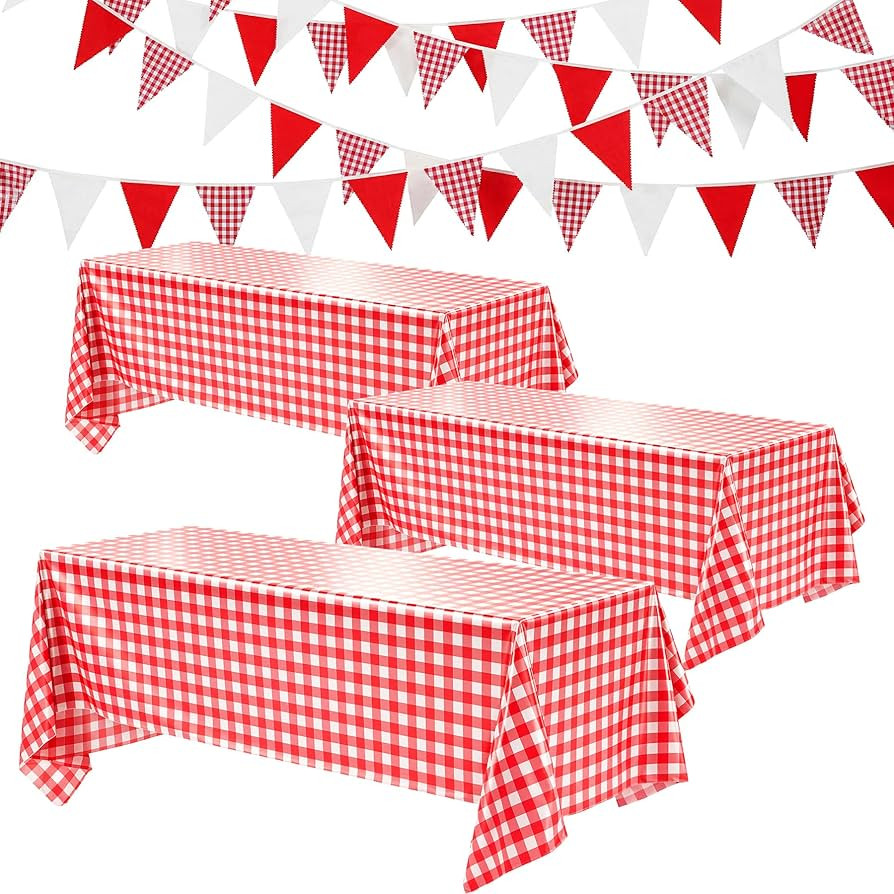 ACOCO 4 Pcs Gingham Red White Party Decor Set, 3 Pack Checkered Tablecloth + 33ft Pennant Banner,... | Amazon (US)