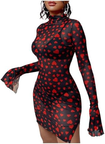 WDIRARA Women's Heart Print Split Hem Sheer Mesh Bodycon Dress Mock Neck Long Bell Sleeve Sexy Dr... | Amazon (US)