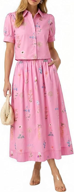 Tankaneo Womens 2 Piece Floral Skirt Sets Puff Sleeve Blouse and Elastic Waist Matching Set Vacat... | Amazon (US)