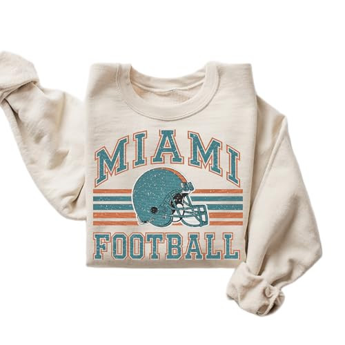 DAYLEA Distressed Miami Football Retro Crewneck Sweatshirt – Vintage College Sports Style – Cozy Unisex Game Day Pullover (Sand, Medium) | Amazon (US)