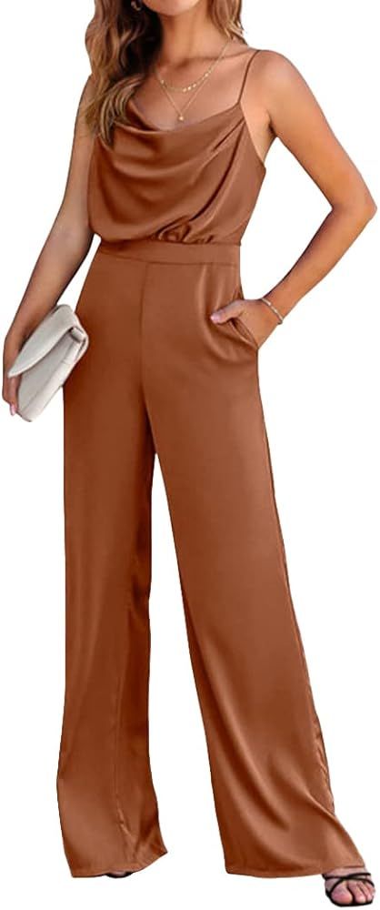 PRETTYGARDEN Women 2023 Sleeveless Spaghetti Strap Cowl Neck Backless Satin Jumpsuits Loose Wide ... | Amazon (US)