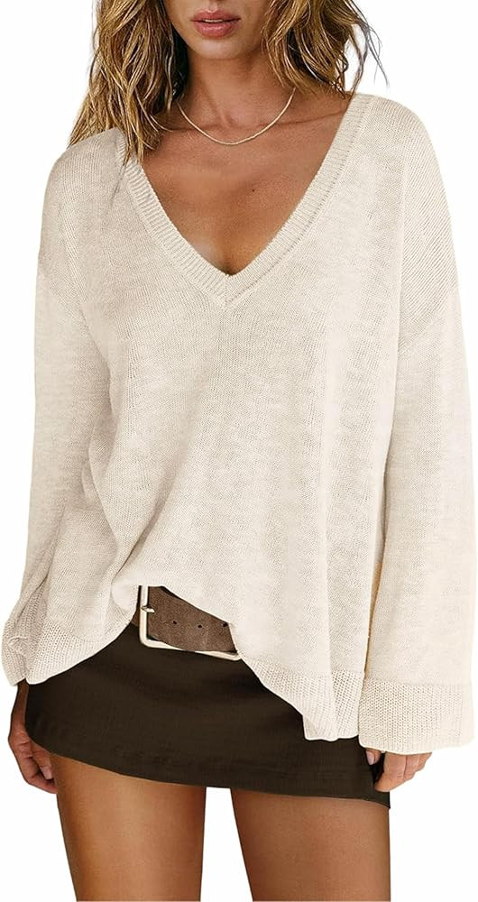 Womens V Neck Oversized Sweater Pullover Lightweight Slouchy Long Sleeve Loose Fit Casual Spring ... | Amazon (US)