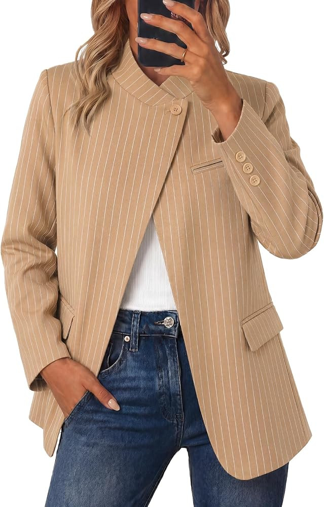 Cicy Bell Women Plaid Blazer Business Stand Collar Open Front Suit Jacket | Amazon (US)