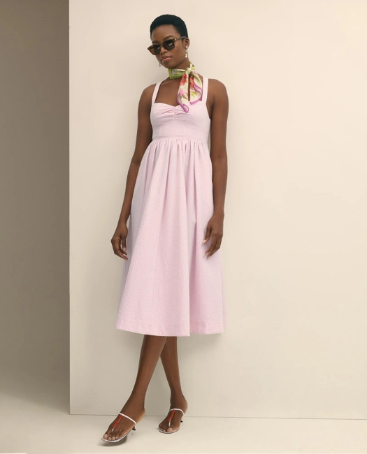 Brooks Brothers Women's Cotton Blend Seersucker Fit-And-Flare Dress | Pink | Size 8 | Brooks Brothers