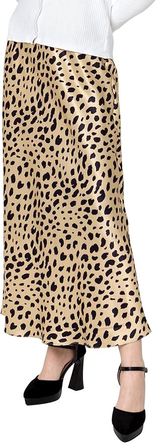 100 Pure Mulberry Silk Bias Cut Long Leopard Print Skirt High Waist Half-Body Skirt | Amazon (US)