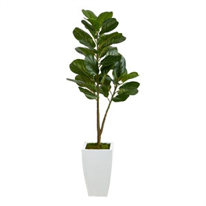 48" Fiddle Leaf Fig Artificial Tree in White Metal Planter in Green/White | Cymax