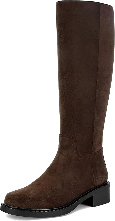 Dsevht Black Knee High Boots for Women Faux Leather Elastic Low Heel Round Square Toe Side Zipper... | Amazon (US)