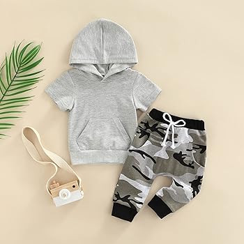 Toddler Baby Boy Clothes Short Sleeve Solid Color Pocket Hoodie & Camouflage Pattern Pants 2Pcs O... | Amazon (US)