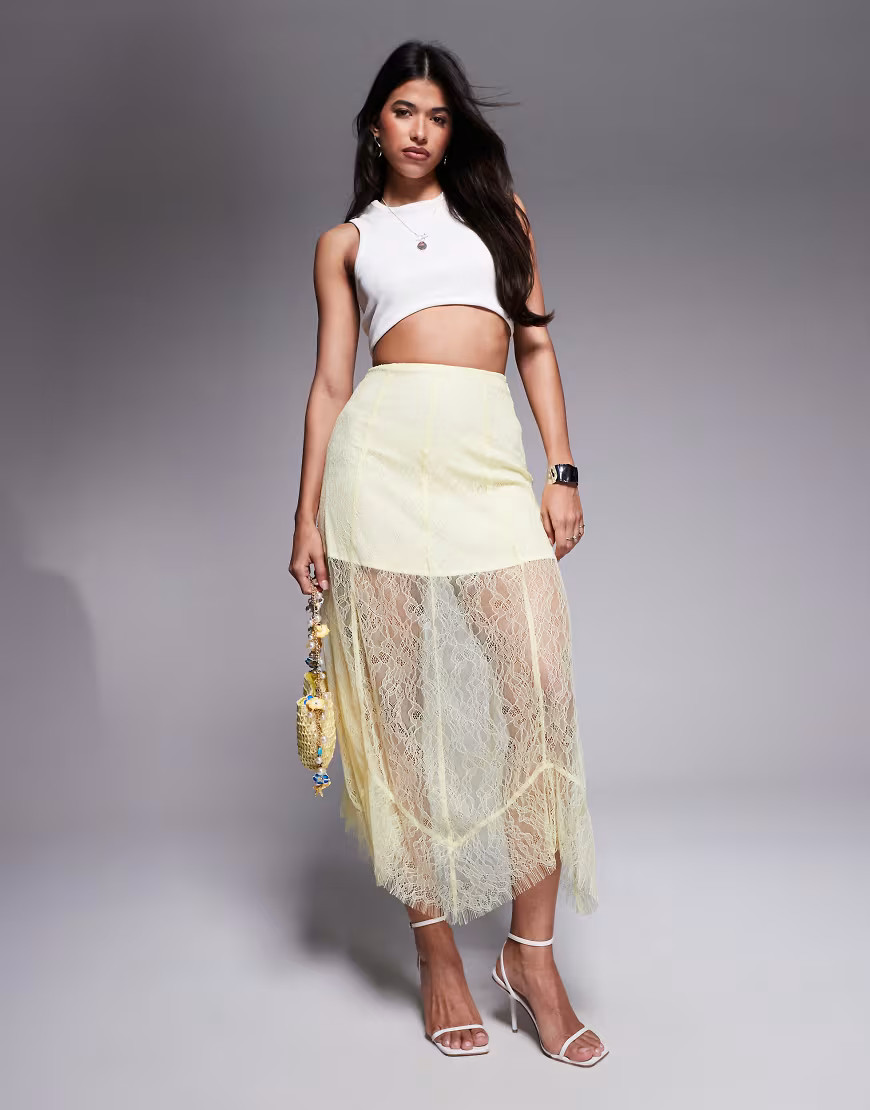 ASOS DESIGN lace maxi skirt with mini lining in yellow | ASOS (Global)