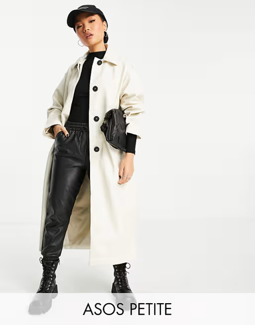 ASOS DESIGN Petite 90s faux leather trench coat in cream | ASOS (Global)