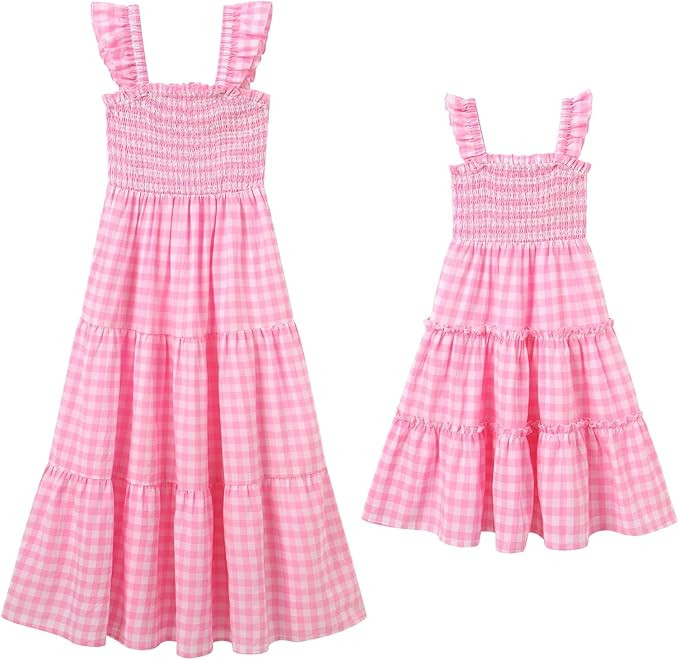 AWIBMK Mommy and Me Matching Dresses Plaid Midi Dress Summer Square Neck Ruffle Flowy Beach Mom D... | Amazon (US)