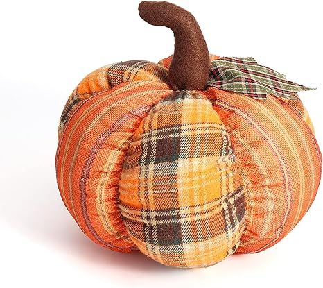 DomeStar Artificial Pumpkin Decoration，10 Inches Large Fake Pumpkin Fabric Plaid Stuffed Pumpki... | Amazon (US)