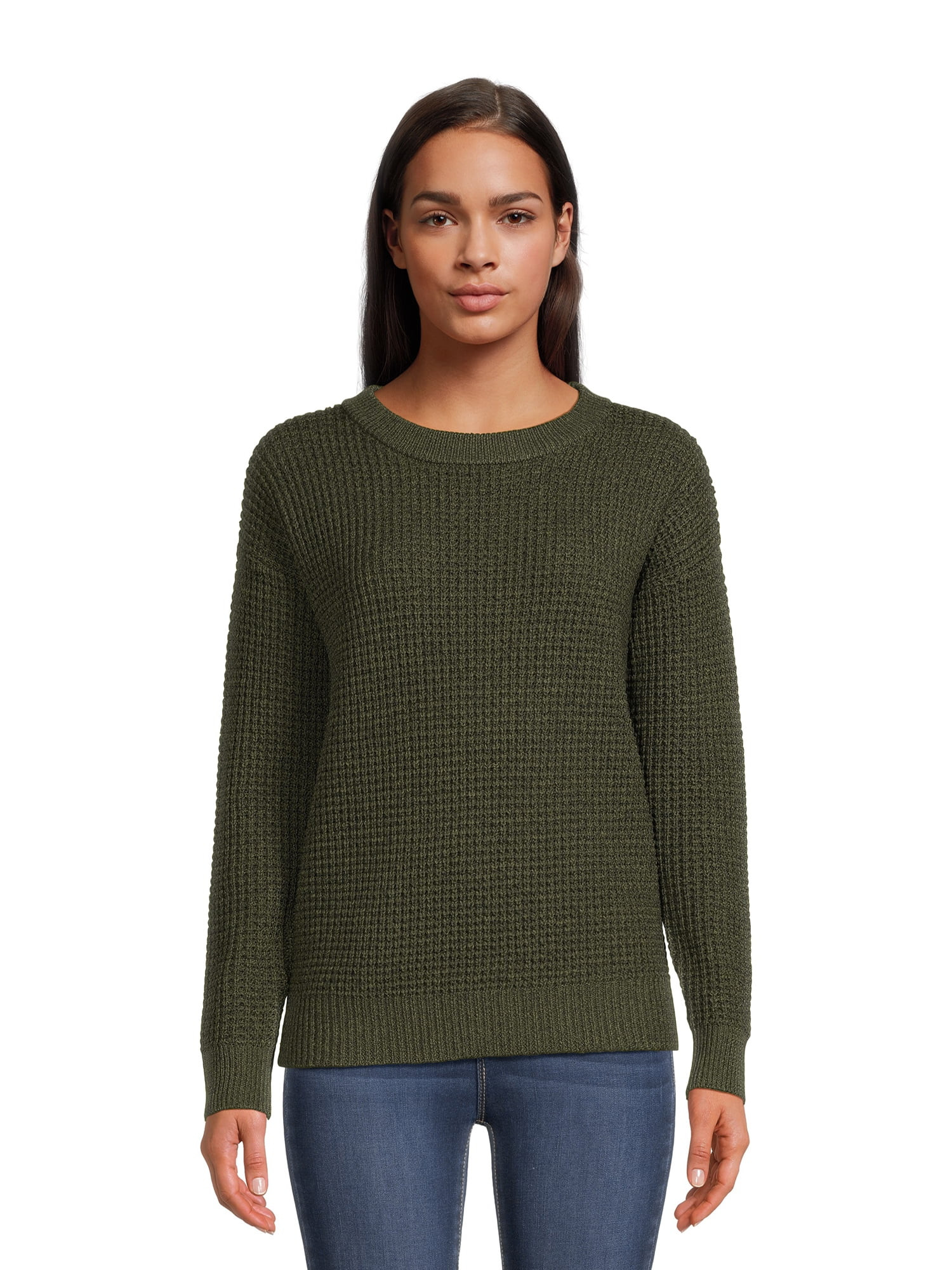 Time and Tru Women's Long Sleeve Waffle Crewneck Pullover Sweater | Walmart (US)