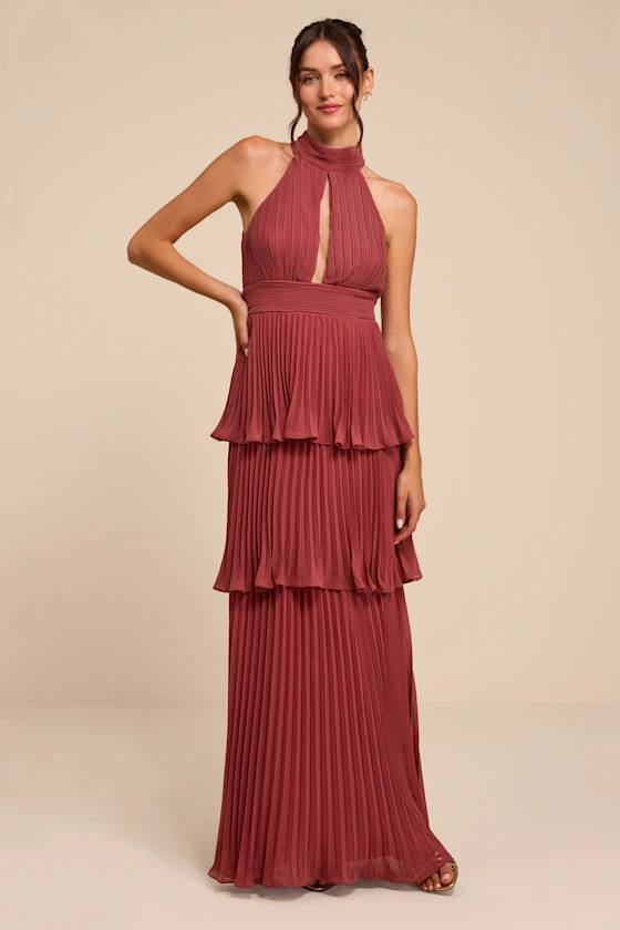 Mavia Rusty Rose Pleated Cutout Tiered Maxi Dress | Lulus