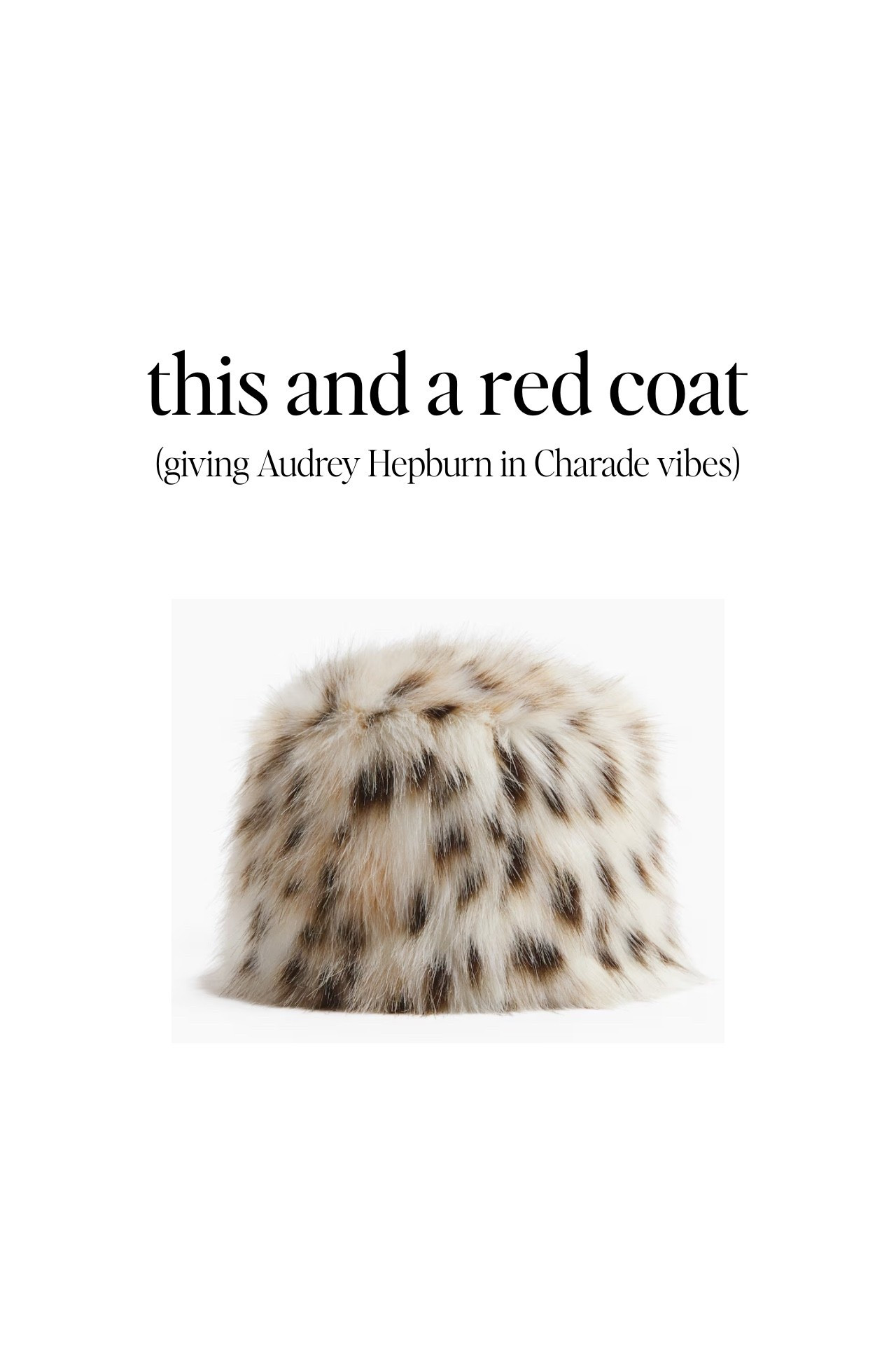 Leopard print fuzzy hat. Classic and timeless and oh so chic. Reminds me of Charade with Audrey Hepburn. The perfect gift for your favorite fancy friend. 

#LTKHoliday #LTKOver40 #LTKGiftGuide