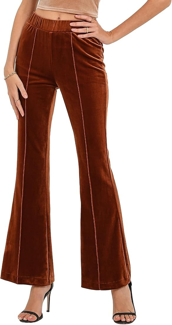 Flare Velvet Pants for Women High Waisted Wide Leg Stretch Elastic Waist Pull On Trousers Front S... | Amazon (US)