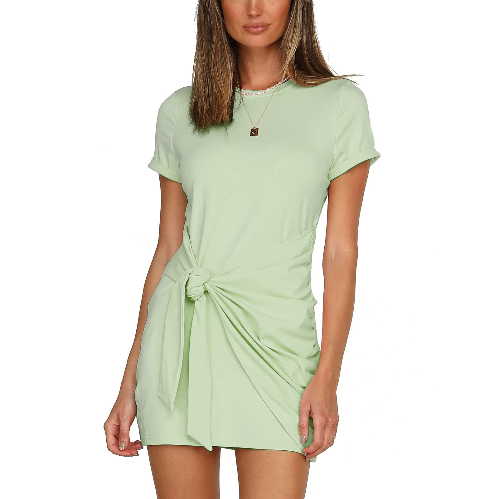 ISZPLUSH Women's Petite Dresses Short Sleeve Sleeveless Ruched Crewneck Tie Waist Short Bodycon M... | Amazon (US)