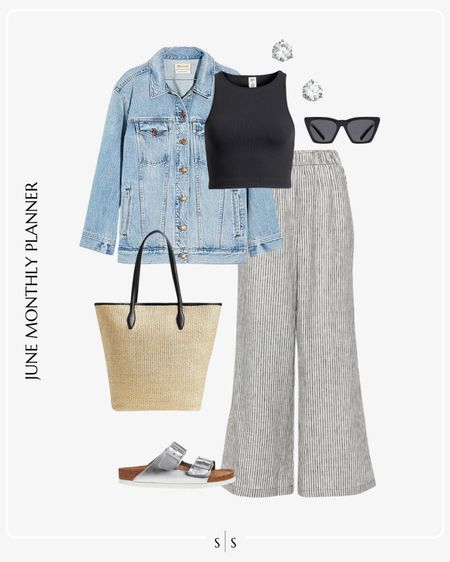 Monthly outfit planner JUNE: Spring & Summer looks | striped linen pant, crop tank, woven tote bag, denim jacket, slip on sandals, stud earrings, sunglasses 

See the entire calendar on thesarahstories.com ✨ 


#LTKStyleTip