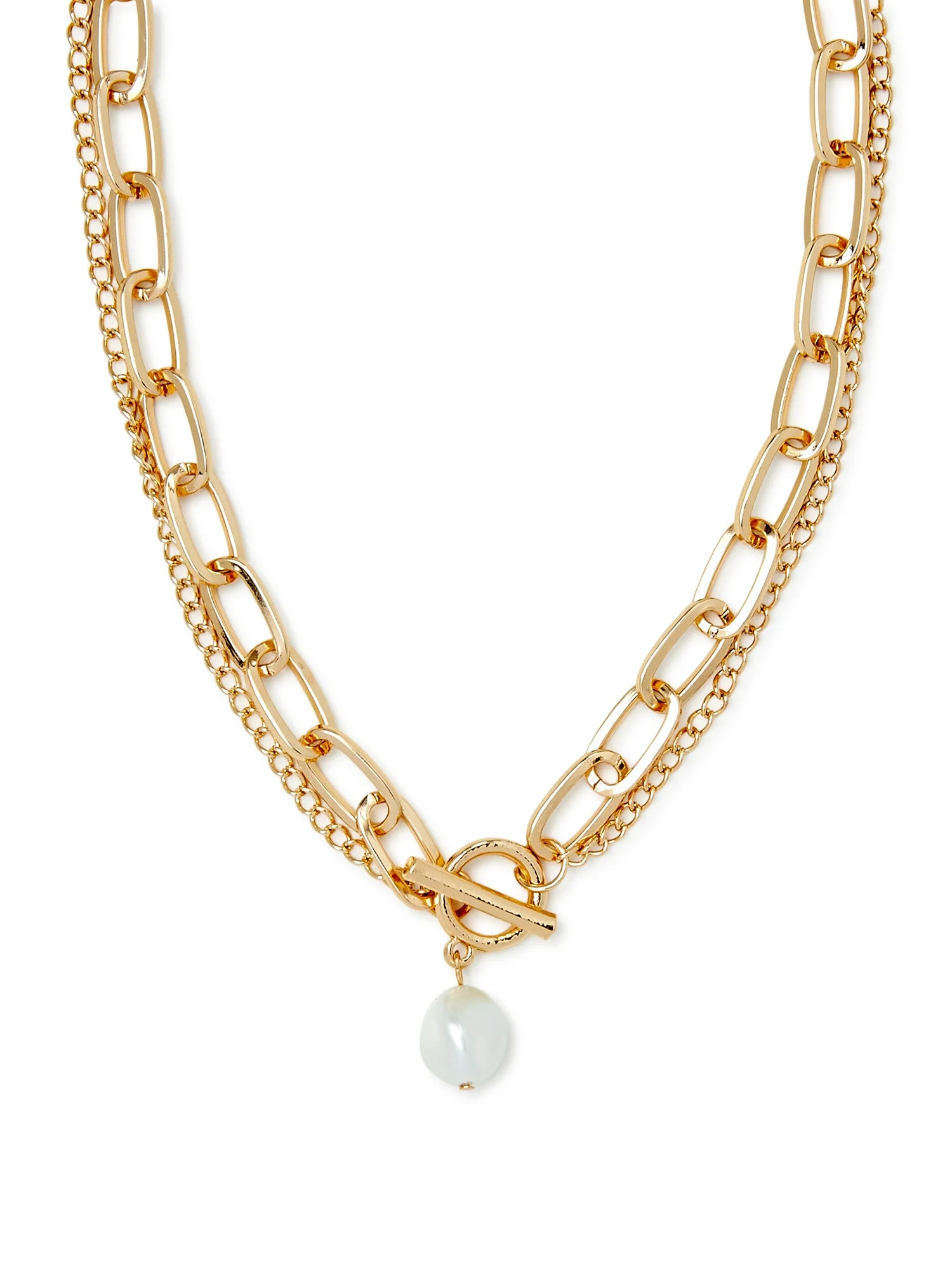 Scoop Women’s 14K Gold Flash-Plated Double Chain Link Faux Pearl Toggle Necklace, 18” + 2” ... | Walmart (US)