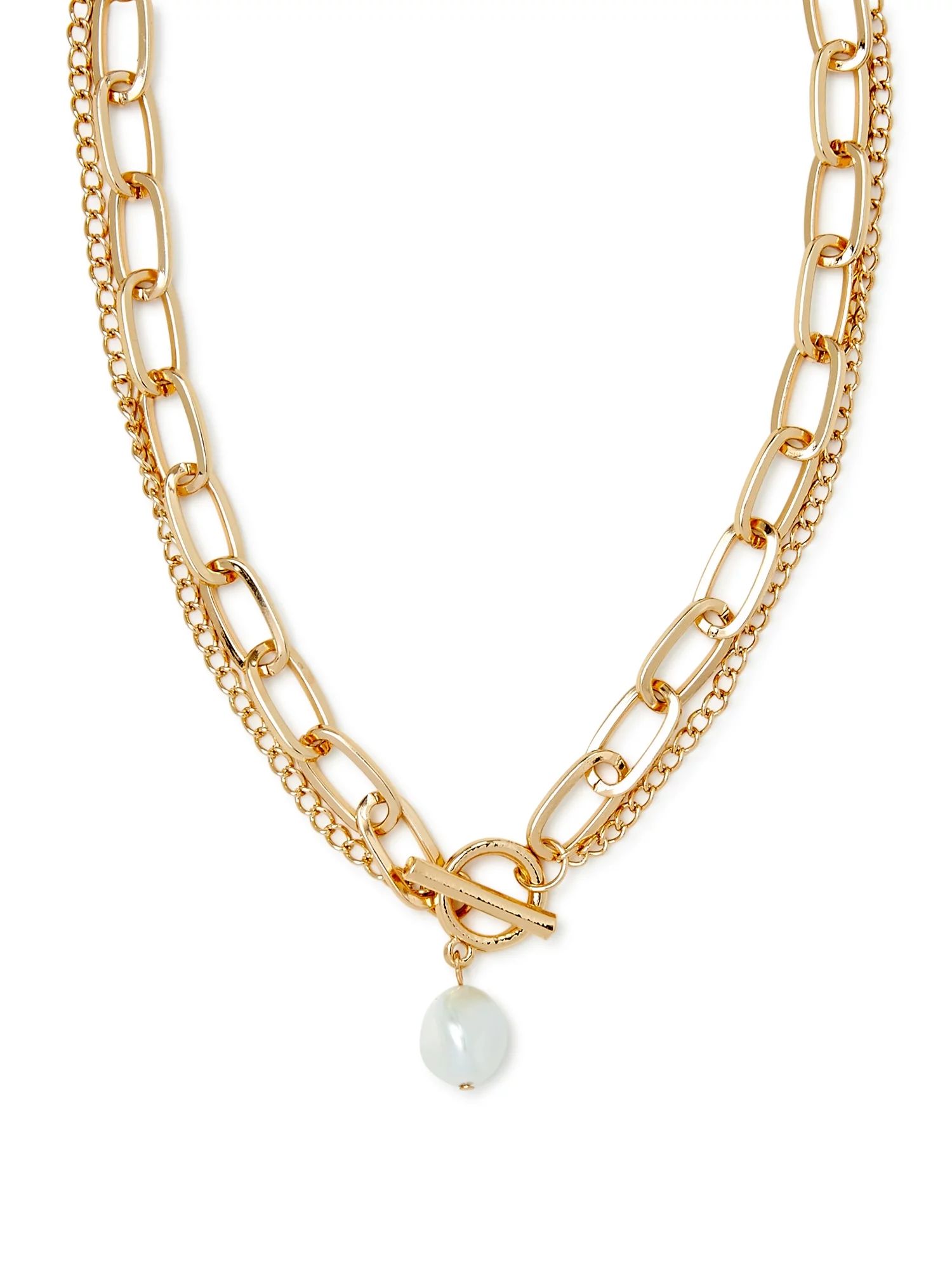 Scoop Women’s 14K Gold Flash-Plated Double Chain Link Faux Pearl Toggle Necklace, 18” + 2” ... | Walmart (US)