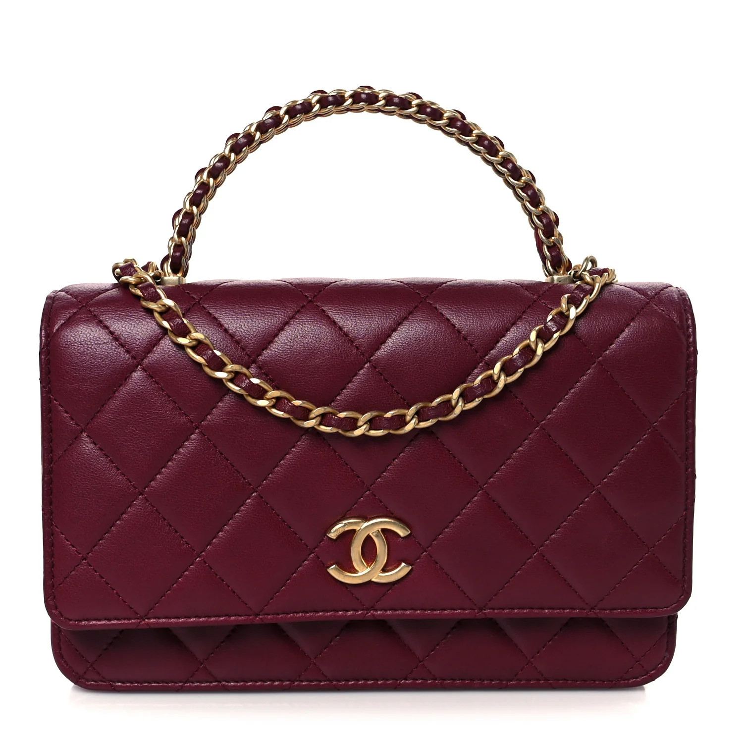 Lambskin Quilted Top Handle Wallet On Chain WOC  Burgundy | FASHIONPHILE (US)