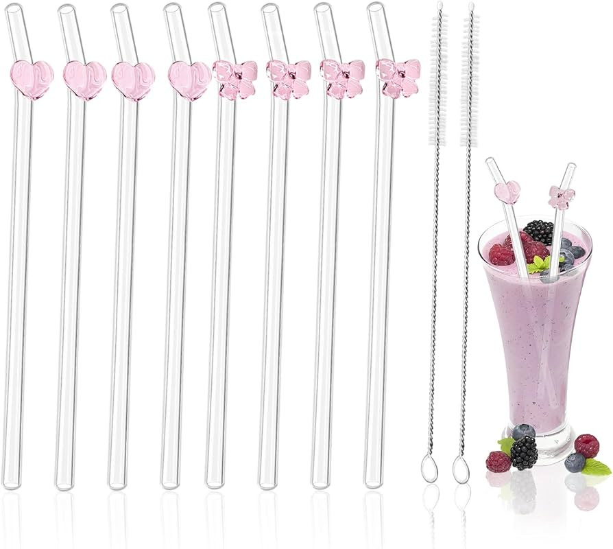 8Pcs Glass Straws With Charms,Include As A Bonus Two Straw Cleaning Brushes. (Straws Decorated Wi... | Amazon (US)