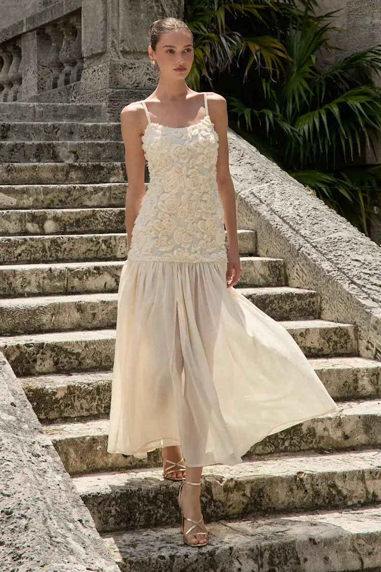 Kalene Cream 3D Rosette Sheer Hem Maxi Dress | Lulus