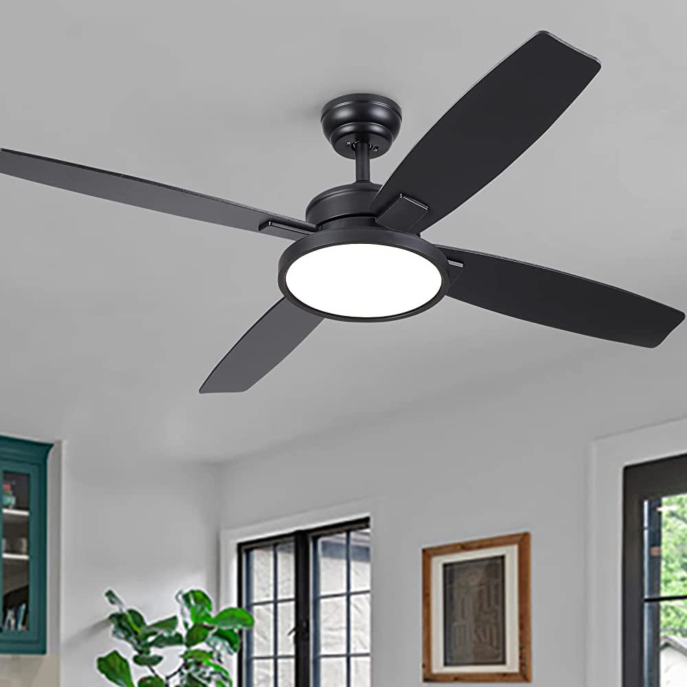 SNJ 52 inch Black Ceiling Fans with Lights and Remote, Low profile, Modern, Ceiling Fan, Bedroom,... | Amazon (US)