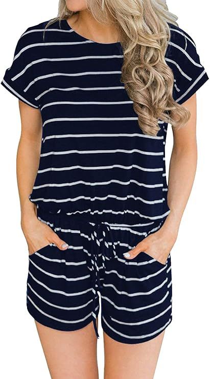 Hount Women's Summer Short Sleeve Romper Casual Loose Stirped Short Rompers Jumpsuits with Pocket... | Amazon (US)
