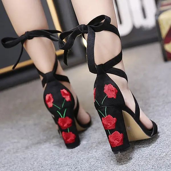 Tie Up Embroidery Block Heel Sandals | Rosegal US