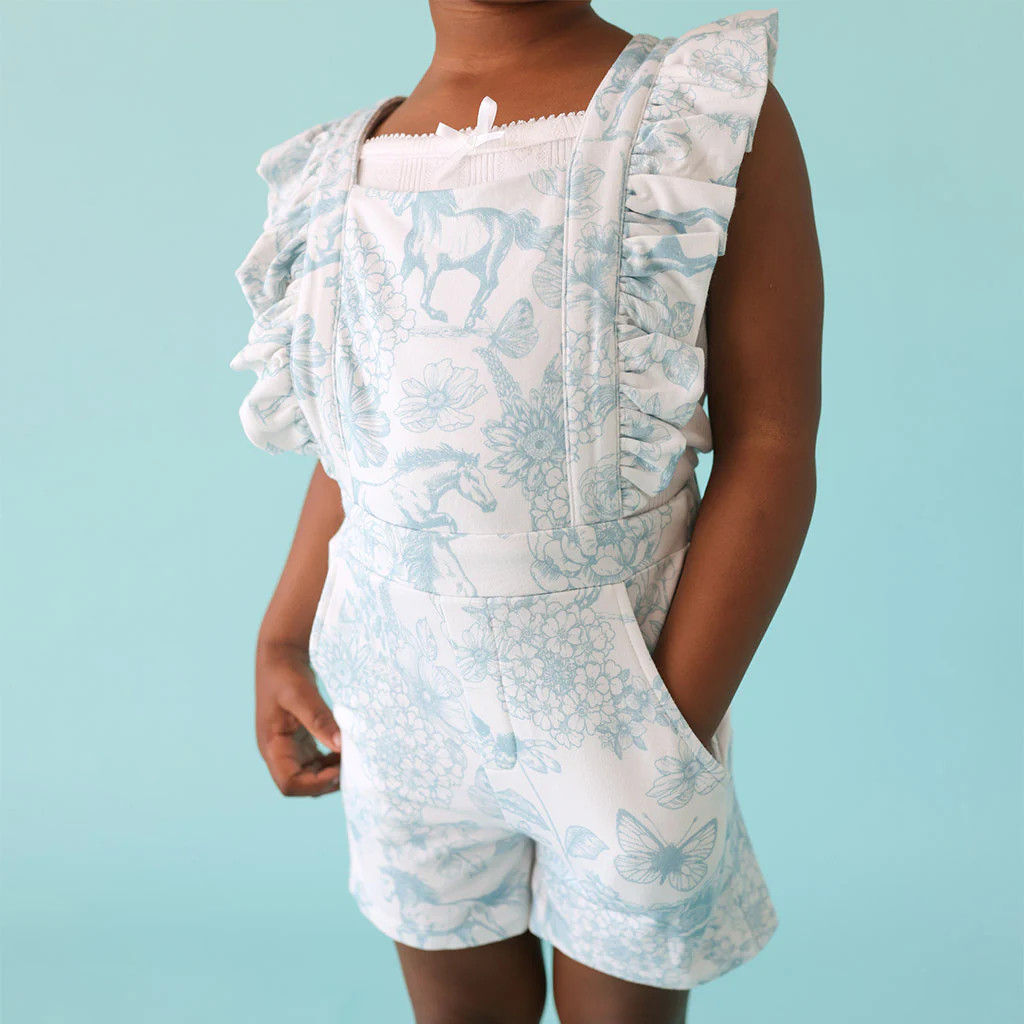 Floral Blue Toddler Short Overalls | Charlotte Anne | Posh Peanut