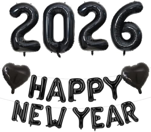 Happy New Year 2026 Balloons, Black Number 2026 Foil Balloons Happy New Year Letter Balloon Banne... | Amazon (US)