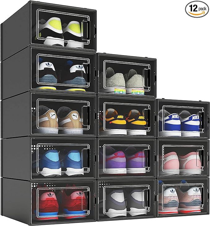 12 Pack Shoe Organizer Boxes, Black Plastic Stackable Shoe Storage Bins For Closet, Space Saving ... | Amazon (US)