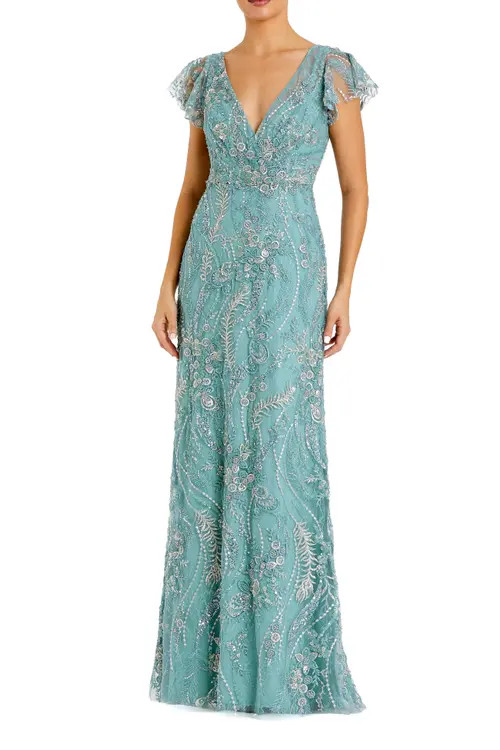 Mac Duggal Petite V Neck Flutter Sleeve Floral Embroidered Gown in Seafoam at Nordstrom, Size 6 | Nordstrom