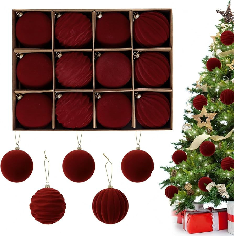 3.15inch Burgundy Velvet Christmas Ornaments Balls, 12PCS Flocked Plastic Balls Christmas Tree De... | Amazon (US)
