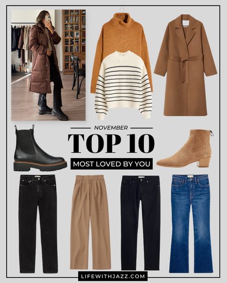 Novembers Top 10 Bestsellers
Perfect vintage jeans 
Cali Demi-boot jeans 
Sam Edelman laguna boots 25% off 
Woolen winter camel coat,
Abercrombie comfy work pants 
Long puffer coat 
Turtleneck sweater 
Blue madewell jeans 
Cashmere striped sweater 
Versatile chelsea boot 

All madewell jeans i sized down 2, wearing 23 + linked similar 
Xs in coat, sweaters, puffer 

#LTKshoecrush #LTKworkwear #LTKGiftGuide