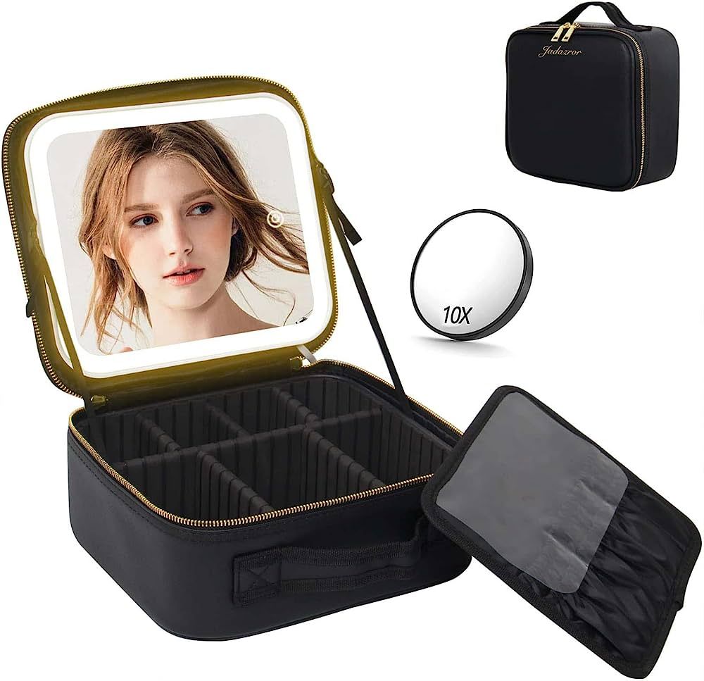 Jadazror Makeup Train Case with Mirror and Light 3 Color Adjust Brightness,Makeup Bag with Mirror... | Amazon (US)