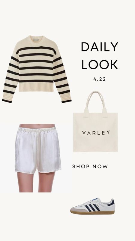 Daily Look 4.22 | striped sweater, silk pajama shorts, adidas samba sneakers, market tote

Spring outfit
Summer shorts
Casual style
Classic style
Casual chic outfits 
Capsule wardrobe 

#LTKfindsunder50 #LTKstyletip #LTKSeasonal