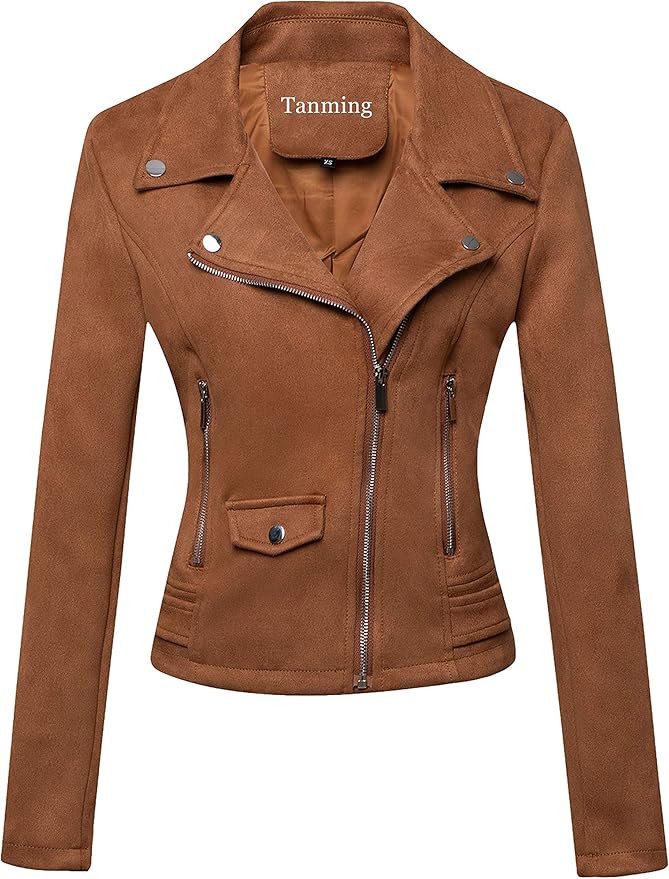 Tanming Women's Faux Leather Moto Biker Short Coat Jacket (Suede-brown-L) at Amazon Women's Coats... | Amazon (US)