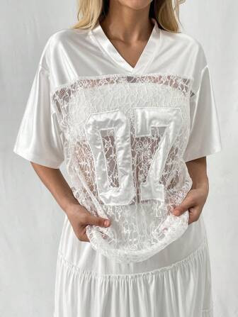 SHEIN EZwear Women's Lace Patchwork Sports Jersey T-Shirt, Summer | SHEIN