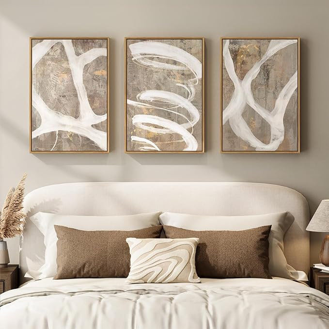 Framed Neutral Abstract Wall Art for Bedroom, 3 Piece Modern Canvas Prints Paintings Artwork for ... | Amazon (US)