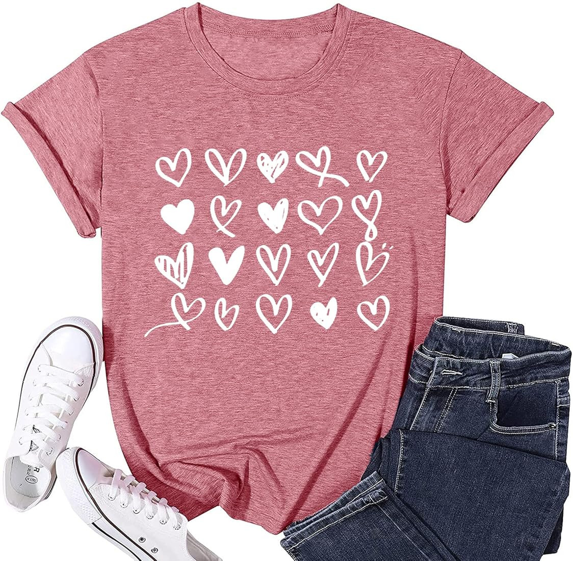 Valentine's Day T Shirts for Women Cute Heart Print Graphic Tees Casual Short Sleeve Top | Amazon (US)