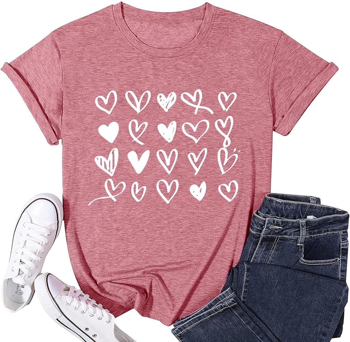 Valentine's Day T Shirts for Women Cute Heart Print Graphic Tees Casual Short Sleeve Top | Amazon (US)