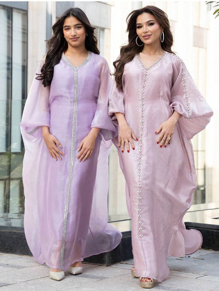 Al Najma Women's Comfortable Pink Oversized Turkish Style Bat Sleeve Dress | SHEIN