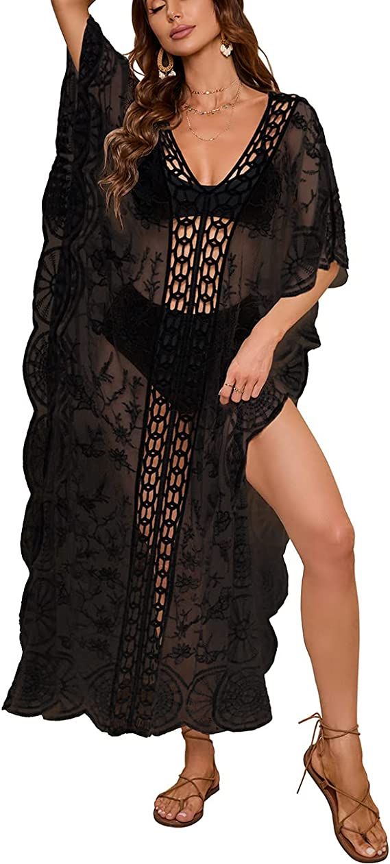 Bsubseach Lace Mesh Bikini Cover Up for Swimwear Women Beach Kaftan Dress Swimsuit Coverup | Amazon (US)