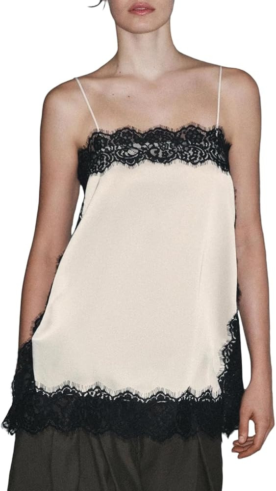 Women Satin Lace Camisole Sexy Silk Spaghetti Strap Tank Top Lace Patchwork Loose Cami Top Y2k St... | Amazon (US)